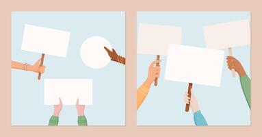 Hands hold blank signs and placards for a protest, with a megaphone amplifying their message. This social media template showcases people united in solidarity, community support and empowerment. vector