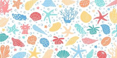 Bright background pattern with underwater marine life. Includes coral, seashells, and aquatic creatures. Perfect for kids designs, summer themes, and marine graphics. vector