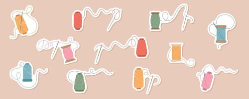 A set of sewing stickers depicting thread, spool and needle icons in various colors. The illustrations include tailors tools like thread, needles, and bobbins in cute, cartoon designs. vector