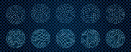 A series of 3D wireframe mesh spheres displayed on a checkered grid background. The abstract geometric globe shapes in a retro Y2K aesthetic, blending futuristic and digital design elements. vector