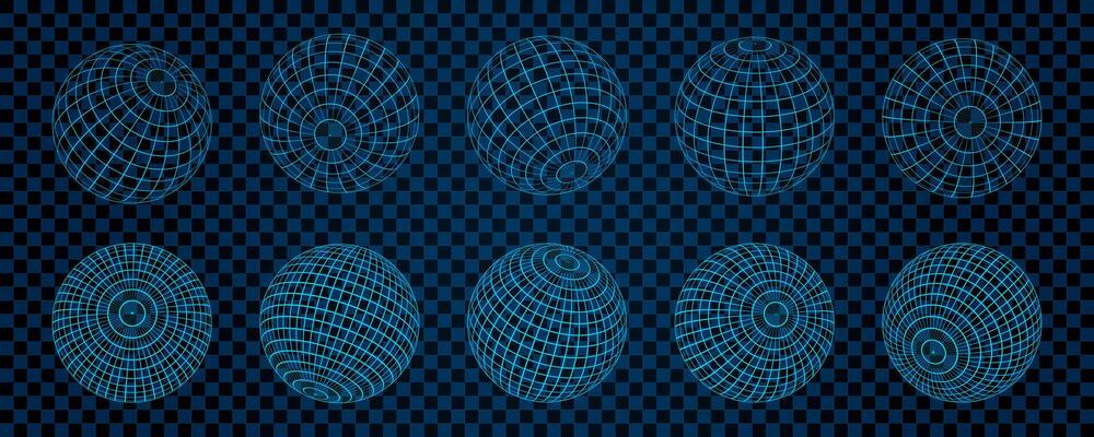 A series of 3D wireframe mesh spheres displayed on a checkered grid background. The abstract geometric globe shapes in a retro Y2K aesthetic, blending futuristic and digital design elements.