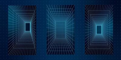 Geometry wireframe grid tunnels in 3D, featuring abstract shapes. Neon blue lines create a retro y2k cyberpunk aesthetic. Tech mesh patterns dominate this futuristic design element set. vector