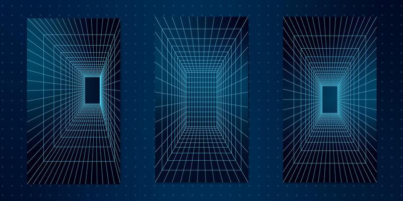 Geometry wireframe grid tunnels in 3D, featuring abstract shapes. Neon blue lines create a retro y2k cyberpunk aesthetic. Tech mesh patterns dominate this futuristic design element set.