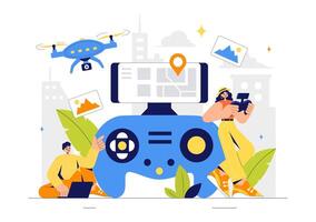 Flying Drone Illustration Capturing Photos and Videos from Above in a Flat Style Background vector