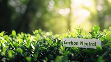 Lush greenery with nameplate under sunlight for nature conservation and eco awareness. Carbon Neutral. Net zero and carbon neutral concept photo