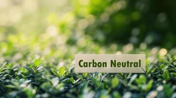 Greenery with nameplate in lush garden setting for outdoor decoration. Net zero and carbon neutral concept photo