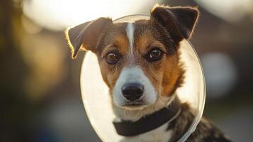 dog wearing protective cone looks directly at camera, showcasing its expressive eyes and fur. warm sunlight creates soft, melancholic atmosphere around pet photo