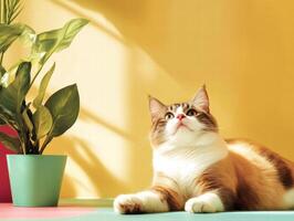 cat lounging in sunlit room with green plant, showcasing playful demeanor. vibrant colors create cheerful atmosphere, perfect for relaxation photo