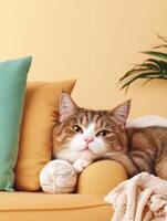 cat relaxing on cozy sofa with colorful cushions and ball of yarn, exuding calm and playful atmosphere photo