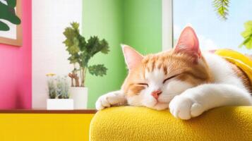 cat lounging peacefully on cozy yellow surface in vibrant room filled with plants and colorful decor, enjoying warm sunlight streaming through window photo