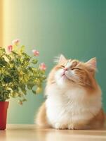 serene scene of cat enjoying sunlight with plant nearby, creating peaceful atmosphere. cat expression reflects contentment and tranquility photo