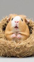 charming portrait of guinea pig nestled in cozy bed of hay, showcasing its adorable features and curious expression. This delightful pet captures hearts with its playful demeanor photo