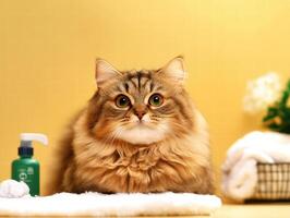 Fluffy cat enjoying gentle grooming session with calming background. cat expressive eyes and soft fur create serene atmosphere photo