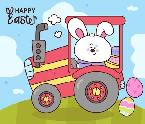 Easter card with bunny in tractor kawaii animal cute character cartoon