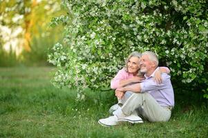 Portrait of senior couple sitting on the grass in the park photo