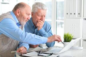 Portrait of two elderly men working on laptop in office photo