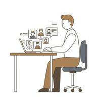 Man working on laptop with people icons on background vector