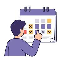un hombre es señalando a un calendario con cheque marcas vector