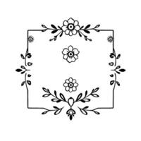 Minimalist Black and White Floral Frame with Square Border and Detailed Flower and Leaf Elements. vector