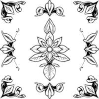 Intricate Black White Floral Ornament Featuring Symmetrical Central Flower with Corner Border Elements on White Background. vector