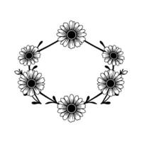 Delicate Hexagonal Floral Frame with Outlined Daisy Motifs, Green Accents, and Minimalist on a White Background. vector