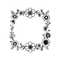 Elegant Floral Frame Delicate black and white illustration showcasing a squareshaped border composed of various stylized flowers and leaves, creating a minimalist botanical . vector