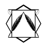 Elegant Black White Illustration Two Stylized Feathers Enclosed in Geometric Star and Square Frame with Minimal Leaf Elements. vector