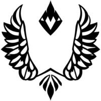 Symmetrical Black and White Emblem Featuring Wings, Diamond, and Floral Elements, Symbolic on White Background. vector