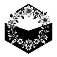 Geometric Floral Frame A stylized monochrome illustration featuring a hexagonshaped frame filled with delicate flower and leaf motifs, creating a symmetrical, elegant . vector