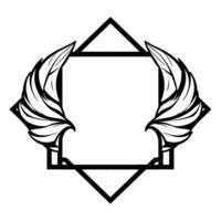 A symmetrical black and white illustration featuring stylized feathered wings flanking a square frame nested within a diamondshaped geometric border, creating a unique emblem. vector