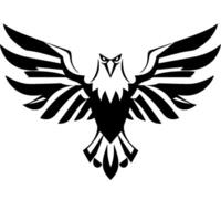 Bold, symmetrical, black and white illustration of an eagle in flight, wings spread wide, stylized on a white background. vector