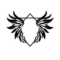 Symmetrical Black Winged Emblem with Geometric Shape and Feathered Details, on a white background. vector