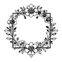 Intricate Black and White Floral Frame with Square Center Botanical Illustration, Elegant , Decorative Border, Nature Motif. vector