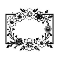 Elegant Black and White Floral Frame Illustration, Featuring Various Flower Styles, Decorative Leaves and a Rectangular Border, Perfect for Projects. vector