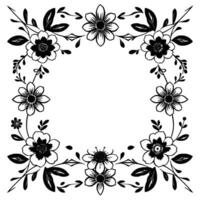 Intricate Black and White Floral Frame with Multiple Flower Types, Leafy Accents, and Detailed Outlines, Creating a Border on a White Background vector