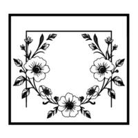 Elegant Floral Frame Black and White, symmetrical, with flowers, leaves, and a rectangular border, creating a beautiful wreath around a central blank space. vector