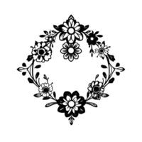 Black and white floral wreath , geometric arrangement with various flower types and leaves, minimalist botanical illustration on a white background. vector