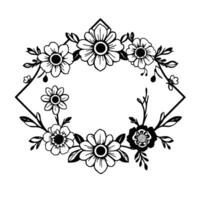 Elegant Black and White Floral Frame with Geometric Border and Detailed Flower Illustrations. vector