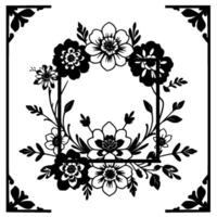 Black and White Floral Border with Square Frame and Decorative Corner Elements, Minimalist . vector