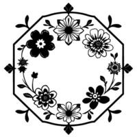 Elegant Black and White Floral Octagon Frame with Diverse Flower Illustrations and Decorative Accents, Perfect for Invitations and Designs. vector