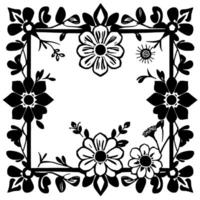 Black and White Floral Frame Detailed botanical featuring daisies, leaves, and an elegant outlined border, creating a stylized artistic layout. vector