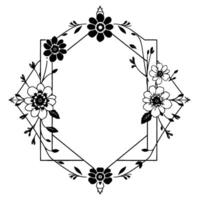 Intricate Black and White Floral Frame with Geometric Border, Artistic Botanical , Blank Center. vector