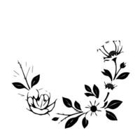 Minimalist Black and White Floral Wreath , Featuring stylized blooms, leaves, and branches arranged in a gentle curve. vector