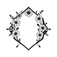 Elegant black and white floral frame featuring daisylike blossoms and intricate leafy branches, arranged within a geometric, symmetrical . vector
