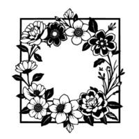 A geometric square floral frame featuring detailed black and white botanical illustrations, creating a symmetrical and elegant . vector