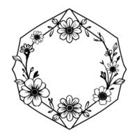 Geometric Floral Frame in Black and White A Minimalist Composition of Daisies, Leaves, and Branches. vector