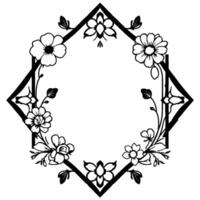 Elegant Black and White Floral Frame Octagonal Geometry, Delicate Line Art, Botanical , Decorative Border, Isolated on White. vector