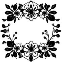 Elegant black and white floral frame , botanical border with delicate flower details, symmetrical layout for invitations or decorations. vector