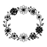 Elegant Black and White Floral Wreath with Varied Flower Designs and Leafy Vines, Empty Center for Text or . vector