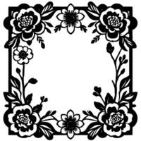 Elegant black and white floral frame with intricate designs, featuring multiple flower variations and leaf patterns enclosing a blank square space. vector